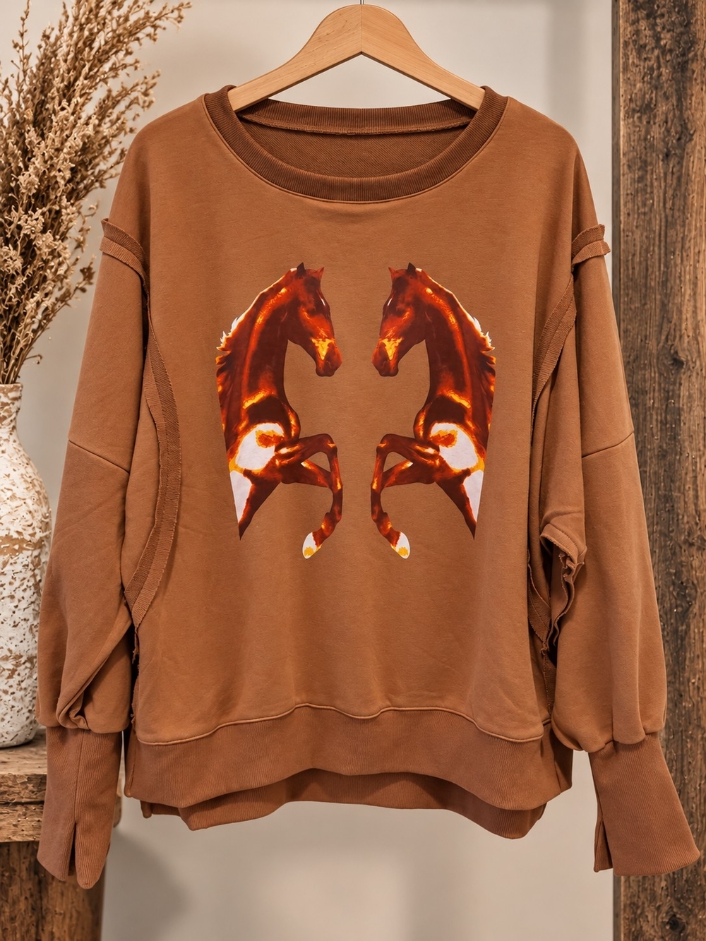 Brown Crewneck Sweater with Mirrored Horse Graphic